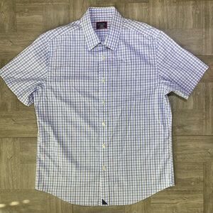 UNTUCKit Mens Button Up Shirt Short Sleeve BlueWhite Plaid Wrinkle Free Cotton M